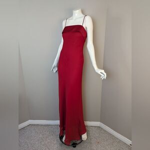 Vintage 90s Red Bias Cut Slip Dress by Jump Satin Sheer Overlay Spaghetti Strap